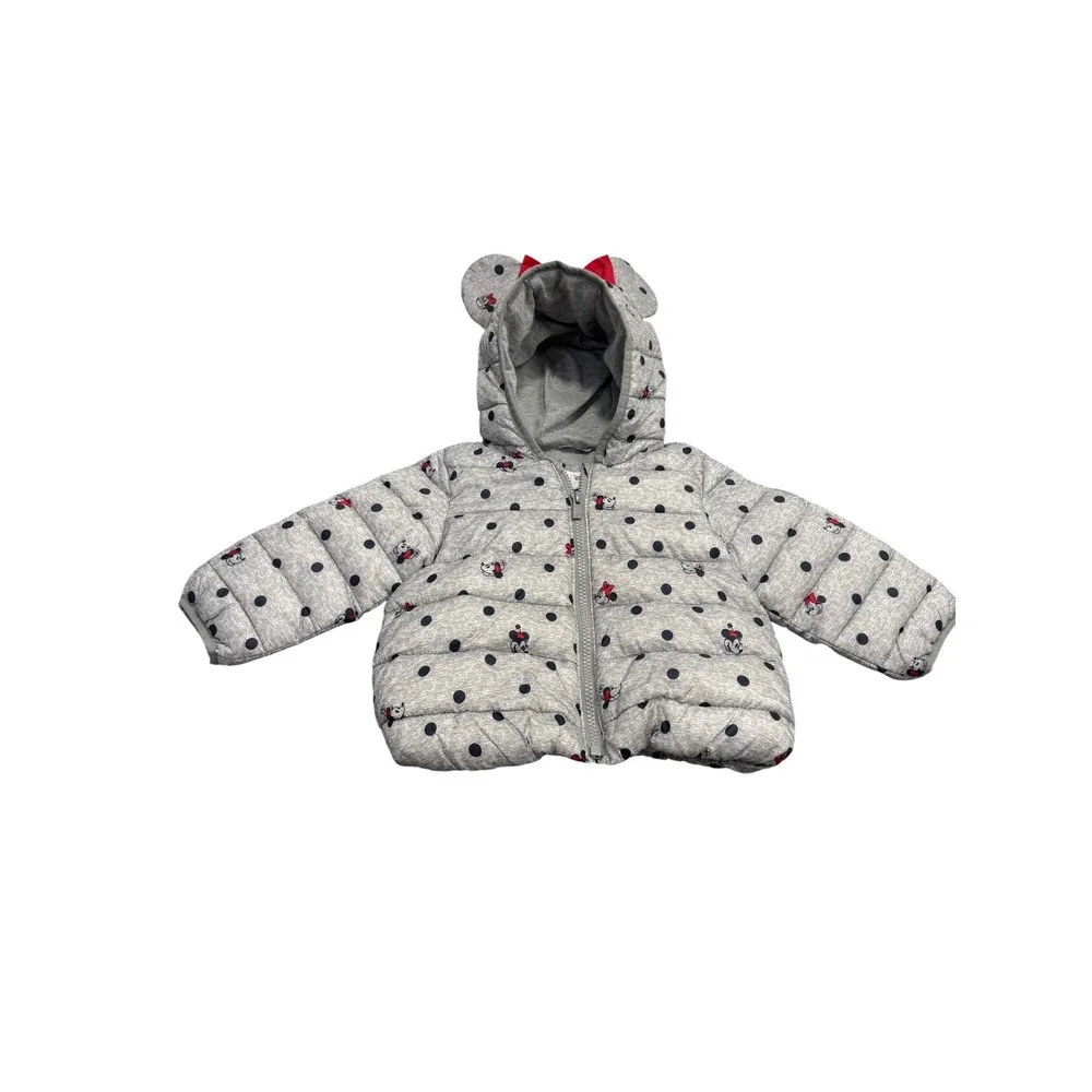 Baby Gap Disney Minnie Mouse Gray Polka Dot Puffer Jacket Hooded Ears Bow 18-24M